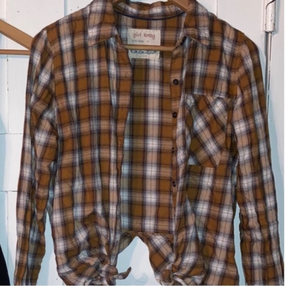 Plaid Gold White Flannel Shirt Button Down Ties Country Western Cowgirl Size S - Picture 1 of 8